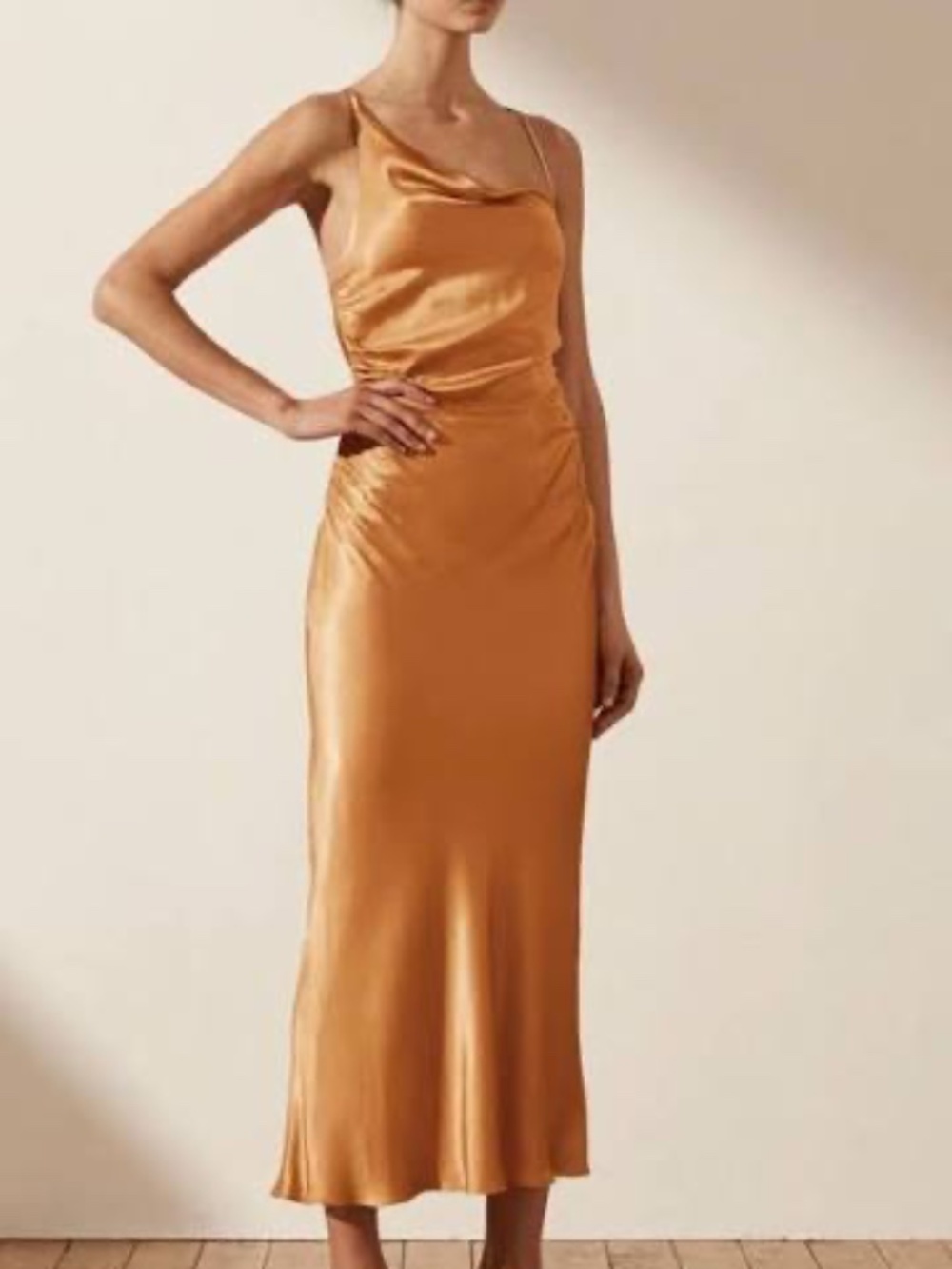 shona joy alma asymmetrical bias cowl midi dress